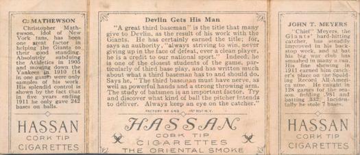 1912 Hassan Triple Folders T202 #NNO Devlin Gets His Man (Chief Meyers / Christy Mathewson) Back