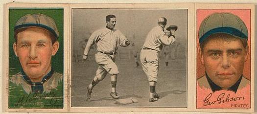 1912 Hassan Triple Folders T202 #NNO Donlin Out at First (Howie Camnitz / George Gibson) Front