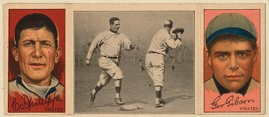 1912 Hassan Triple Folders T202 #NNO Donlin Out at First (George Gibson / Deacon Phillippe) Front
