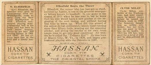 1912 Hassan Triple Folders T202 #NNO Elberfeld Beats the Throw (Clyde Milan / Kid Elberfeld) Back