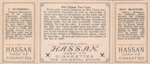 1912 Hassan Triple Folders T202 #NNO Hal Chase Too Late (Ambrose McConnell / Matty McIntyre) Back