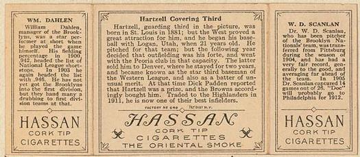1912 Hassan Triple Folders T202 #NNO Hartzell Covering Third (Bill Dahlen / Doc Scanlan) Back