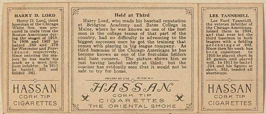 1912 Hassan Triple Folders T202 #NNO Held at Third (Harry Lord / Lee Tannehill) Back