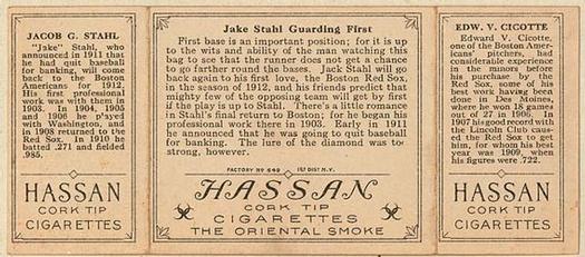1912 Hassan Triple Folders T202 #NNO Jake Stahl Guarding First (Eddie Cicotte / Jake Stahl) Back