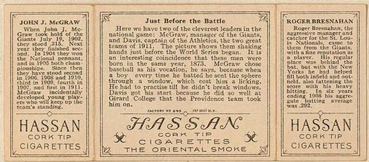 1912 Hassan Triple Folders T202 #NNO Just Before the Battle (Roger Bresnahan / John McGraw) Back