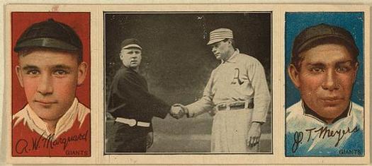 1912 Hassan Triple Folders T202 #NNO Just Before the Battle (Rube Marquard / Chief Meyers) Front