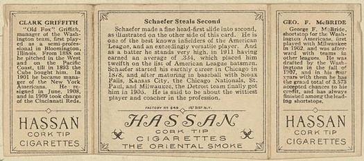 1912 Hassan Triple Folders T202 #NNO Schaefer Steals Second (George McBride / Clark Griffith) Back