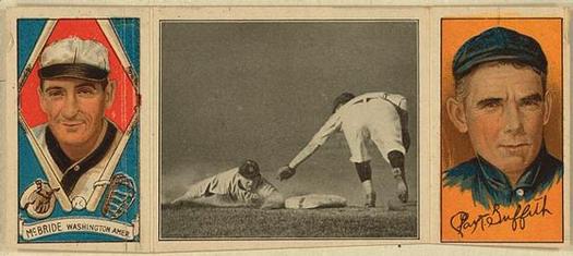 1912 Hassan Triple Folders T202 #NNO Schaefer Steals Second (George McBride / Clark Griffith) Front