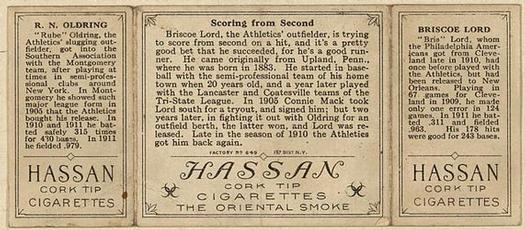 1912 Hassan Triple Folders T202 #NNO Scoring from Second (Harry Lord / Rube Oldring) Back