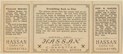 1912 Hassan Triple Folders T202 #NNO Scrambling Back to First (Cy Barger / Bill Bergen) Back