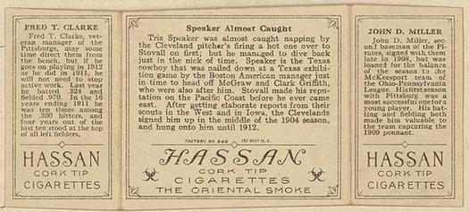 1912 Hassan Triple Folders T202 #NNO Speaker Almost Caught (Dots Miller / Fred Clarke) Back