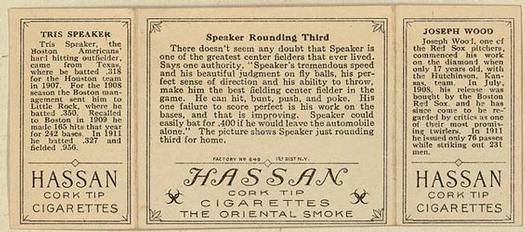 1912 Hassan Triple Folders T202 #NNO Speaker Rounding Third (Joe Wood / Tris Speaker) Back