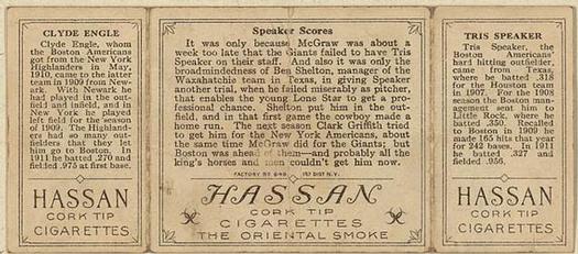 1912 Hassan Triple Folders T202 #NNO Speaker Scores (Tris Speaker / Hack Engle) Back