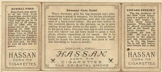 1912 Hassan Triple Folders T202 #NNO Sweeney Gets Stahl (Russ Ford / Jeff Sweeney) Back