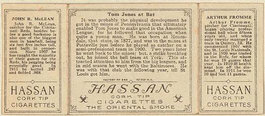 1912 Hassan Triple Folders T202 #NNO Tom Jones at Bat (Art Fromme / Larry McLean) Back