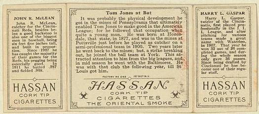 1912 Hassan Triple Folders T202 #NNO Tom Jones at Bat (Harry Gaspar / Larry McLean) Back