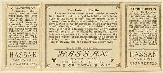 1912 Hassan Triple Folders T202 #NNO Too Late For Devlin (Art Devlin (Giants) / Christy Mathewson) Back
