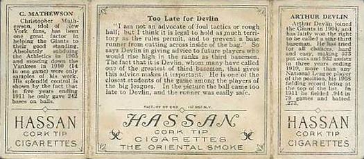 1912 Hassan Triple Folders T202 #NNO Too Late For Devlin (Art Devlin (Rustlers) / Christy Mathewson) Back