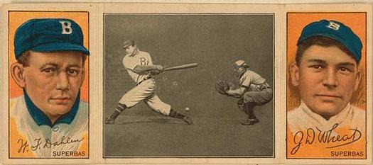 1912 Hassan Triple Folders T202 #NNO Wheat Strikes Out (Bill Dahlen / Zach Wheat) Front