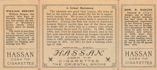 1912 Hassan Triple Folders T202 #NNO A Great Batsman (Cy Barger / Bill Bergen) Back