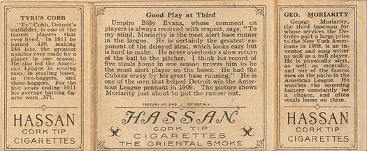 1912 Hassan Triple Folders T202 #NNO Good Play at Third (George Moriarty / Ty Cobb) Back