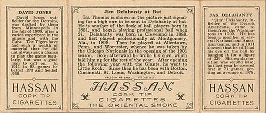 1912 Hassan Triple Folders T202 #NNO Jim Delahanty at Bat (Jim Delahanty / Davy Jones) Back