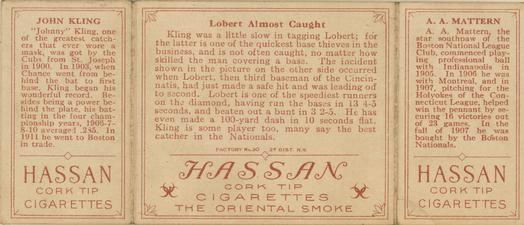 1912 Hassan Triple Folders T202 #NNO Lobert Almost Caught (Al Mattern / Johnny Kling) Back