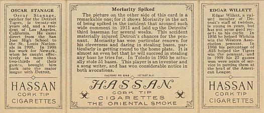1912 Hassan Triple Folders T202 #NNO Moriarty Spiked (Oscar Stanage / Ed Willett) Back