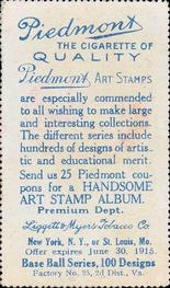 1914 Piedmont Art Stamps T330-2 #NNO Bill Carrigan Back