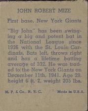1943 M.P. & Co. (R302-1) #NNO Johnny Mize Back