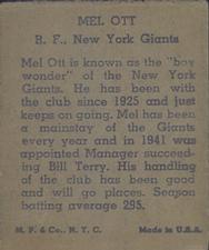 1943 M.P. & Co. (R302-1) #NNO Mel Ott Back