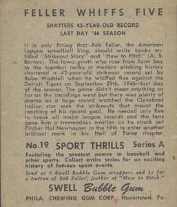 1948 Swell Sport Thrills #19 Strikeout Record: Bob Feller Whiffs Five Back