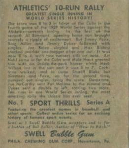 1948 Swell Sport Thrills #1 Greatest Single Inning: Athletics' 10 Run Rally - Bing Miller / Mickey Cochrane / George Haas / Al Simmons / Jimmie Foxx  Back