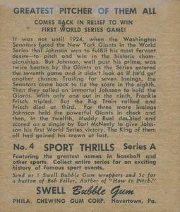 1948 Swell Sport Thrills #4 Greatest Pitcher: Walter Johnson Back