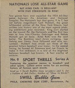 1948 Swell Sport Thrills #8 Five Strikeouts: Nationals Lose All-Star Game - Carl Hubbell Back