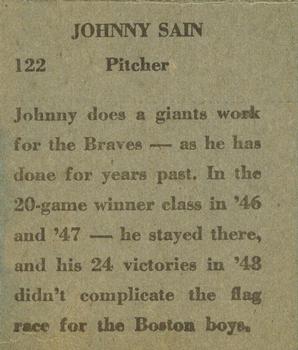 1949 M.P. & Co. (R302-2) #122 Johnny Sain Back