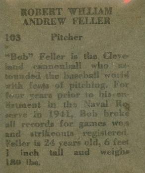 1949 M.P. & Co. (R302-2) #103 Bobby Feller Back
