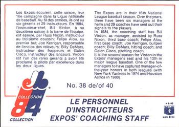 1984 Stuart Montreal Expos #38 Coaching Staff (Bill Virdon / Felipe Alou / Russ Nixon / Joe Kerrigan / Billy DeMars / Galen Cisco) Back