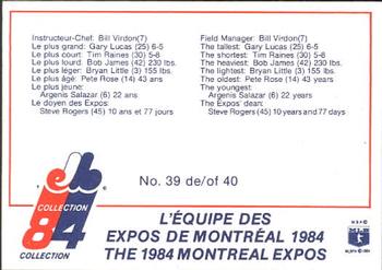 1984 Stuart Montreal Expos #39 Expos Team Photo Back