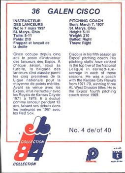 1984 Stuart Montreal Expos #4 Galen Cisco Back