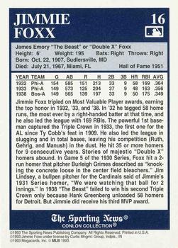 1992-93 Conlon TSN Color Inserts #16 Jimmie Foxx Back