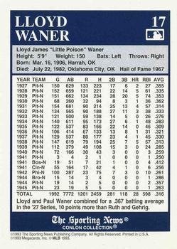 1992-93 Conlon TSN Color Inserts #17 Lloyd Waner Back