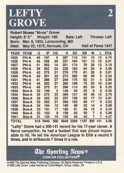 1992-93 Conlon TSN Color Inserts #2 Lefty Grove Back