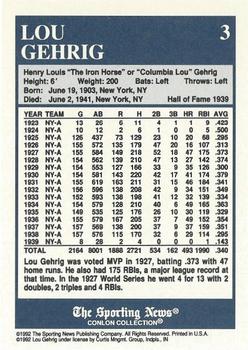 1992-93 Conlon TSN Color Inserts #3 Lou Gehrig Back