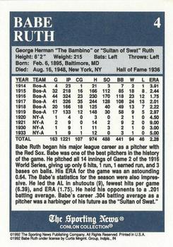 1992-93 Conlon TSN Color Inserts #4 Babe Ruth Back