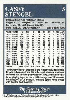 1992-93 Conlon TSN Color Inserts #5 Casey Stengel Back