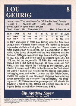 1992-93 Conlon TSN Color Inserts #8 Lou Gehrig Back