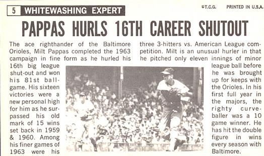 1964 Topps Giants #5 Milt Pappas Back