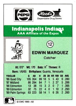 1990 CMC Indianapolis Indians #12 Edwin Marquez Back