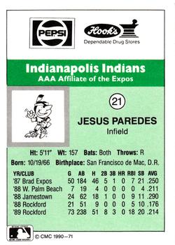 1990 CMC Indianapolis Indians #21 Jesus Paredes Back
